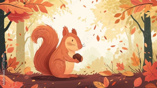 Happy Squirrel with Nut in Forest Illustration Generative AI