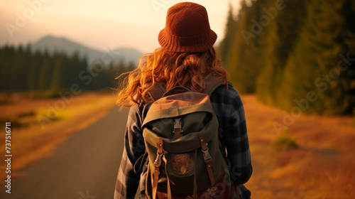 At sunset, a traveler gazes down a forest road, backpack in tow, embodying the timeless spirit of adventure and the relentless pursuit of exploration and discovery.