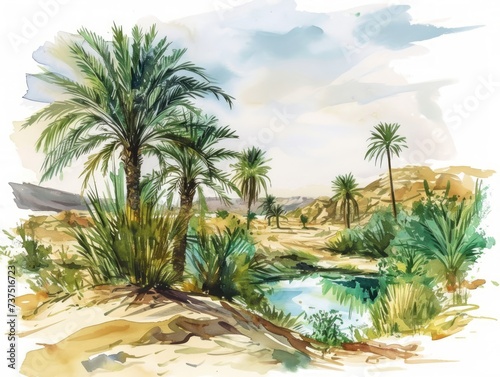 Watercolor Illustration of Serene Oasis in Desert with Palm Trees and Water Source Generative AI