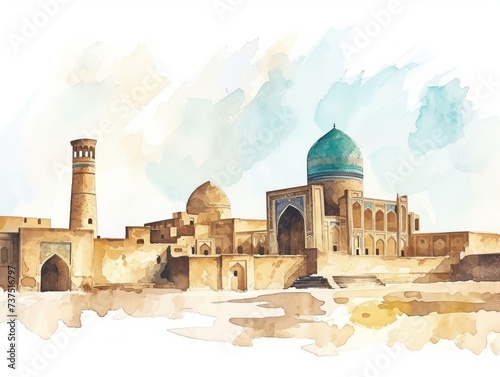 Watercolor Illustration of Ancient City of Bukhara in Uzbekistan with Historic Buildings Generative AI