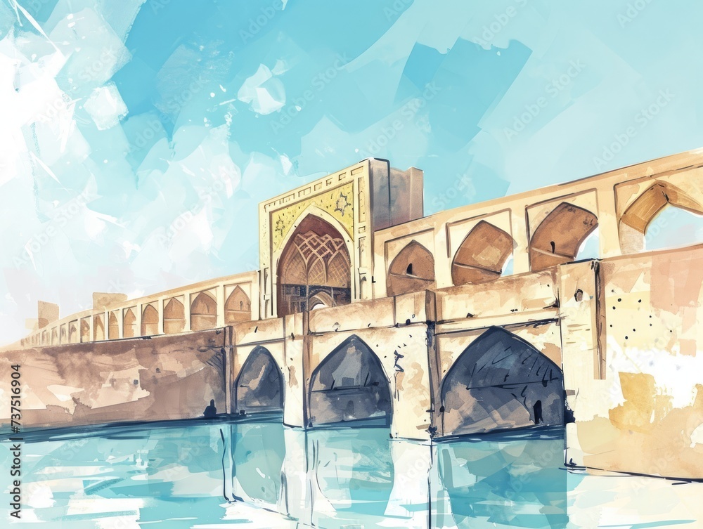 Watercolor Illustration of Historic City of Isfahan in Iran Generative AI