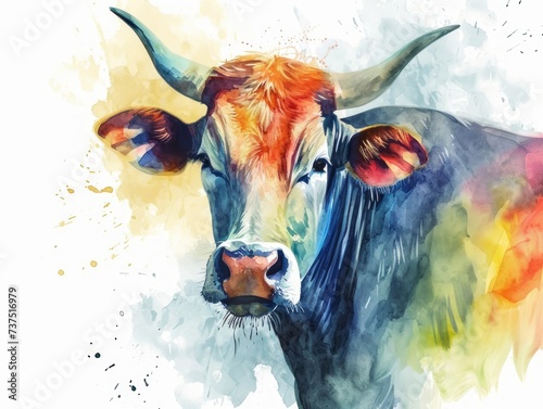 Watercolor Illustration of Sacred Cow in Hinduism Generative AI