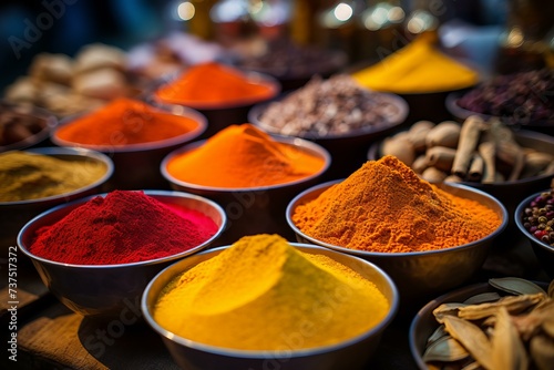 Aromatic Colorful powder spices. Bowl cuisine. Generate Ai