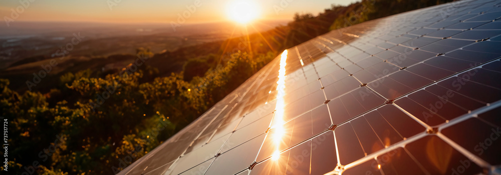 Solar panels gleam with the golden hues of sunset on a hillside, symbolizing a strong commitment to sustainable energy solutions and heralding a brighter, cleaner future for all. - obrazy, fototapety, plakaty 