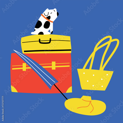 Summertime background with people and beach summer accessories, vector illustration.