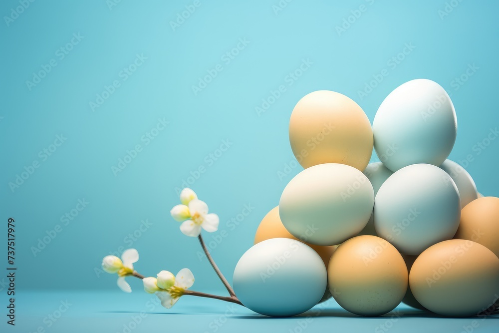 Natural painted blue and yellow eggs with cherry blossoms. Blue background. Copy space banner