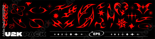 Big Y2k Set Graphic assets in futuristic style. Vector elements for design. Shapes for Posters Template, social media, flyers, media, sticker, Digital Collage. Black red tattoo.