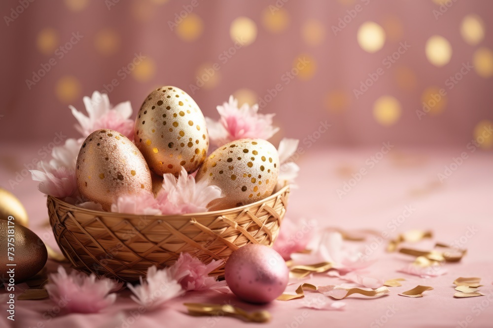 Golden and pink Easter eggs in a basket with flowers on pink background. Side view, close-up. Easter concept, Easter eggs.