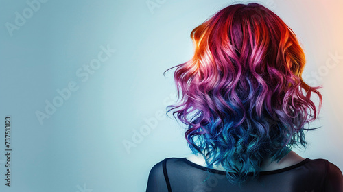 Rear view of multicolor or rainbow color hair of girl with ombre balayage haircolor 