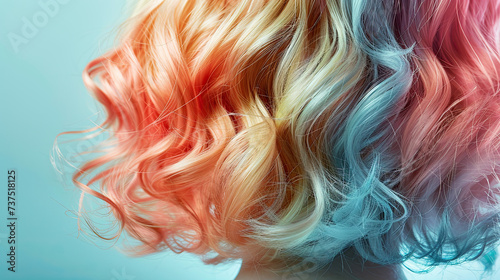 Rear view of multicolor or rainbow color hair of girl with ombre balayage haircolor	
