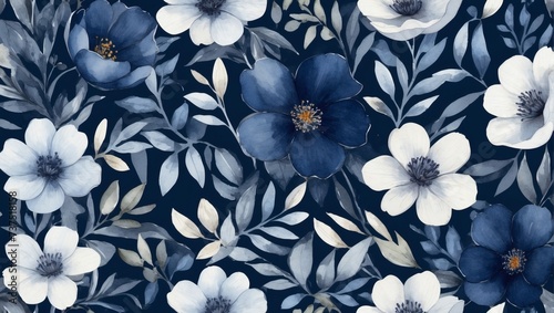 Navy blue floral texture. Watercolor deep flowers.