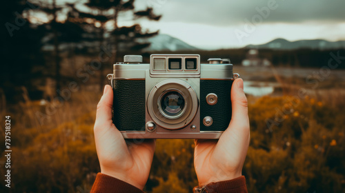 Hands cradle a vintage camera against a mountainous backdrop, capturing not just a scene but the essence of nostalgic photography and timeless adventure.