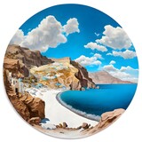 hyper-realistic detailed illustration of a picturesque Santorini beach, general perspective landscape, isolated on white background with round margins, cut-out images, light blue sky with fluffy cud