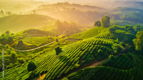 Aerial view of green tea plantation at sunrise time, nature background.