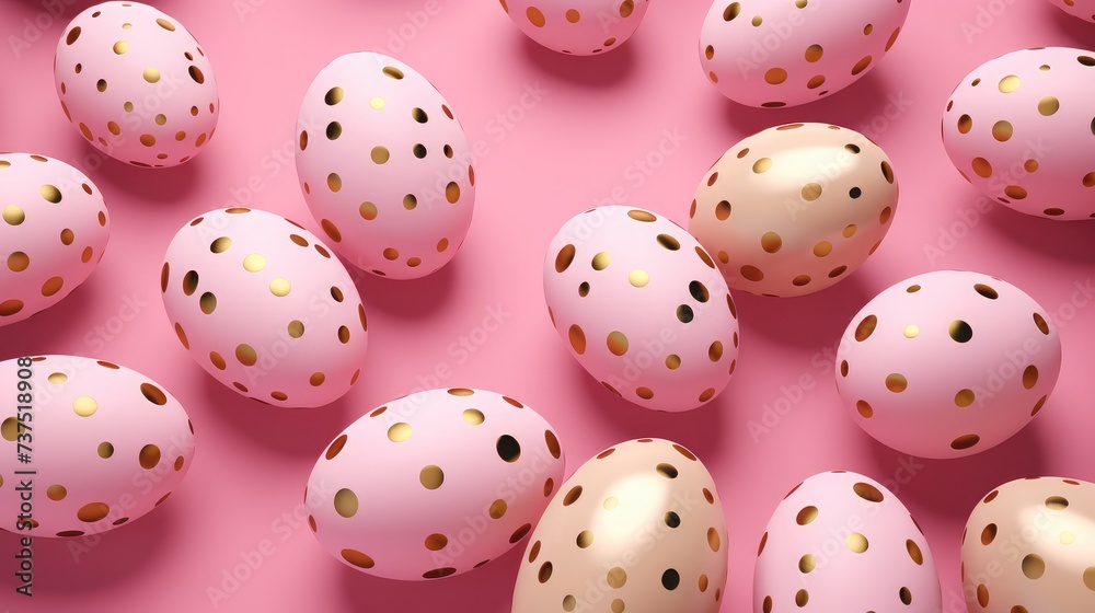 Happy easter. Pink and golden easter eggs on pink background. Close up.