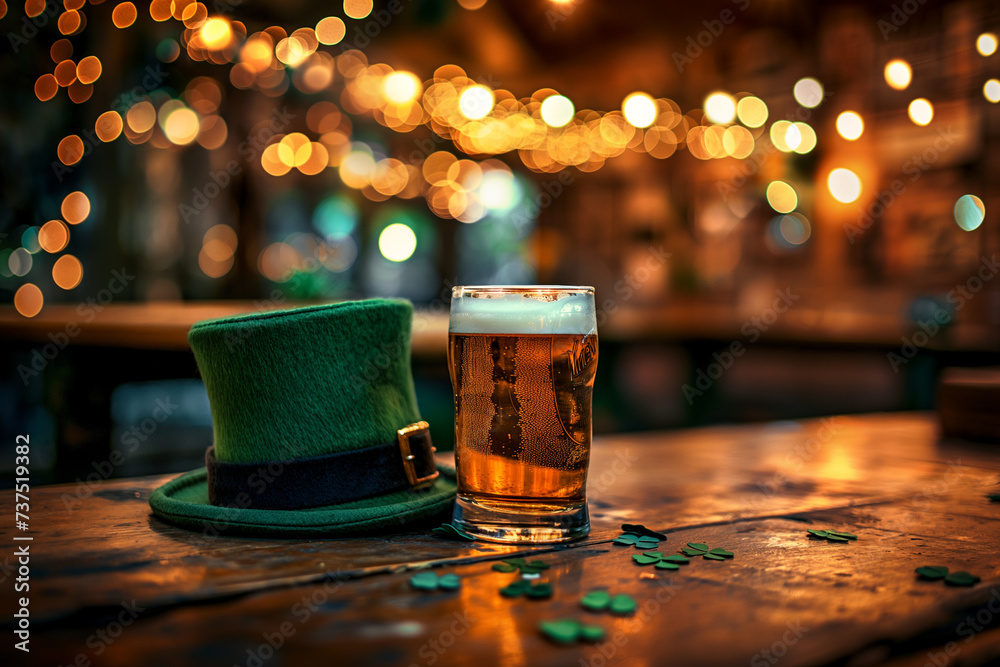 St. Patrick's Day Celebration: Beer Mug and Leprechaun Hat on Bar Table - obrazy, fototapety, plakaty 