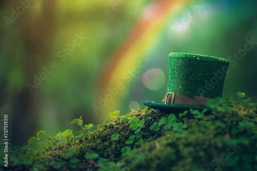 Leprechaun Hat on Forest Floor with Rainbow photo