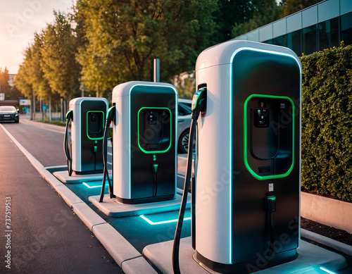 Modern electric vehicle charging stations stand out with green illuminated accents against the evening sky, symbolizing the progress of sustainable transportation.