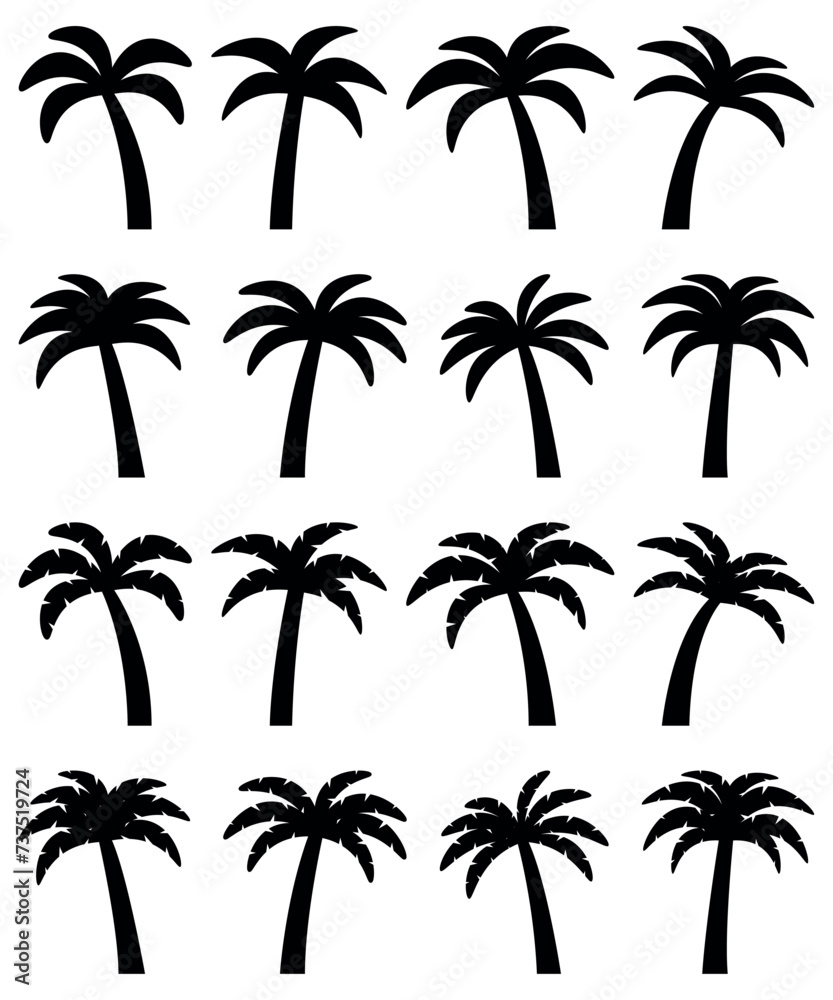 Silhouette Collection of 8 Palm Trees Uncut Leaves and 8 Palm Trees Cut Leaves