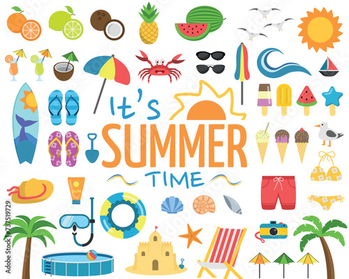 Set with over 40 Colorful and Fun Summer and Beach Items and It's Summer Time Logo. Icons Vector Illustrations II