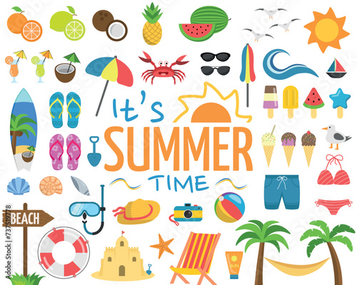 Set with over 40 Colorful and Fun Summer and Beach Items and It s Summer Time Logo. Icons Vector Illustrations I