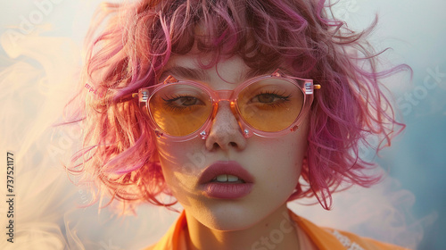 ombre balayage haircolor and haircut concept, with girl wearing model fashion vibrant glasses
