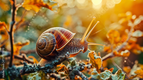 Big snail in shell crawling on branch, autumn day in garden.