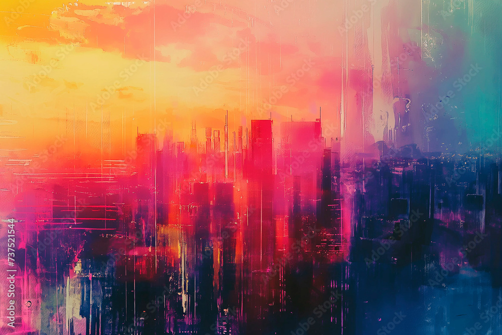 colorful painting of a city cityscape