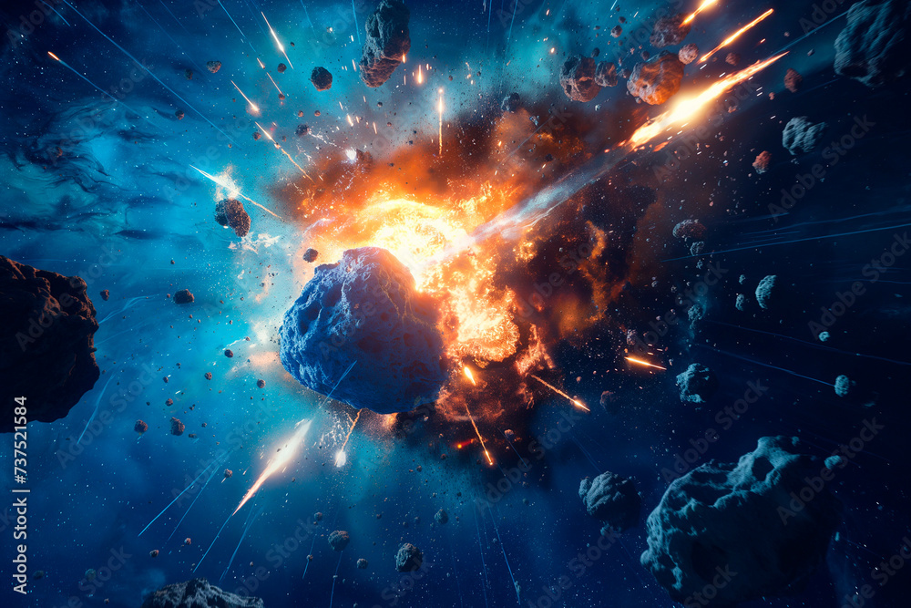 an explosion in space which is blowing up a blue asteroid