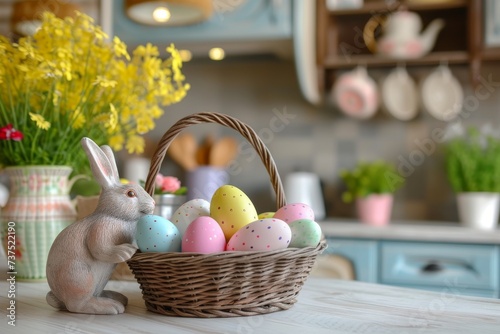 Happy Easter Eggs Basket pistachio. Bunny in flower easter joyful decoration Garden. Cute hare 3d garden fence easter rabbit spring illustration. Holy week stuffed toy card wallpaper gardening photo