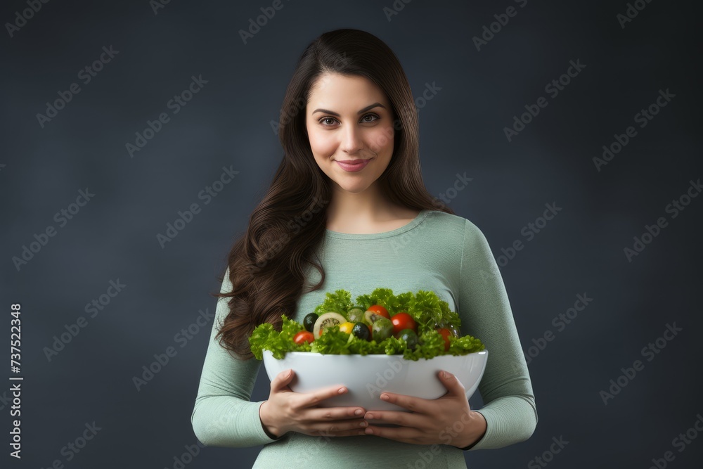 Jubilant Pregnant smiling woman bowl salad. Vegetable meal. Generate Ai