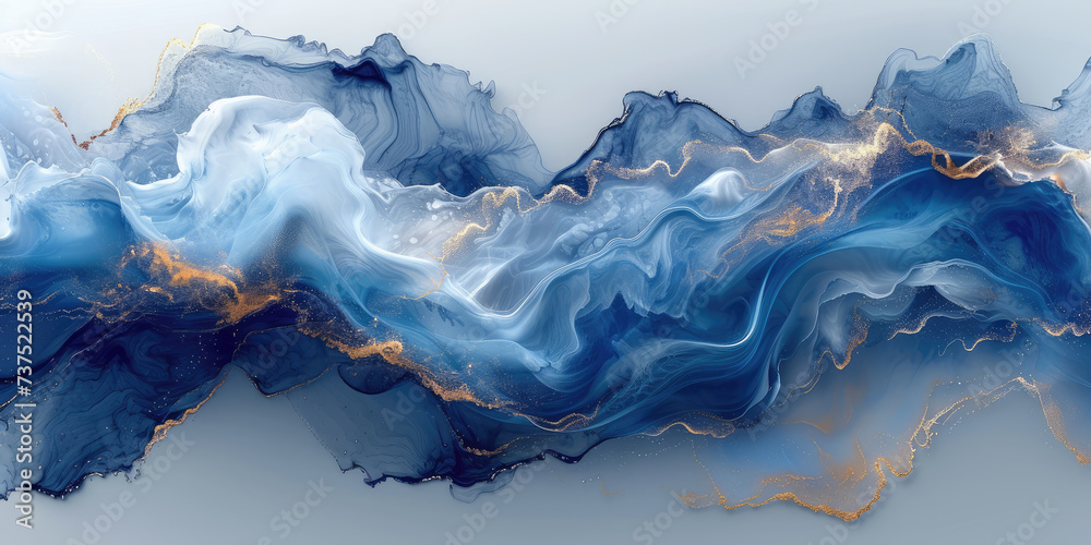 Sweeping blue and gold marble patterns create an elegant and fluid abstract art piece reminiscent of celestial clouds. Sweeping blue and gold marble patterns create an elegant and fluid abstract art piece reminiscent of celestial clouds.