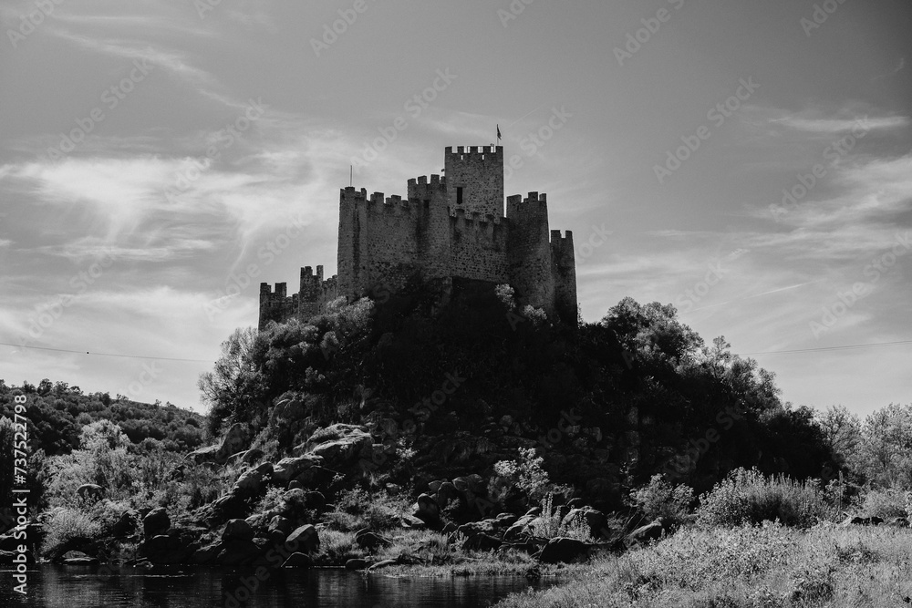 Black and white photo of Almourol castle and stream nestled amidst a forested landscape