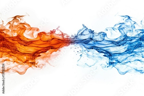 a flame of fire and blue water, very close to each other, on a white background.