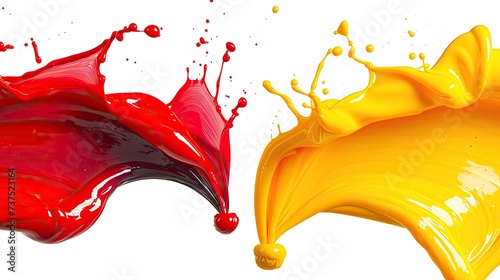 a jet of red ink, a jet of yellow ink on a white background.