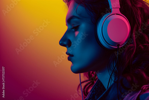 Neon portrait of a young girl wearing headphones listening to music