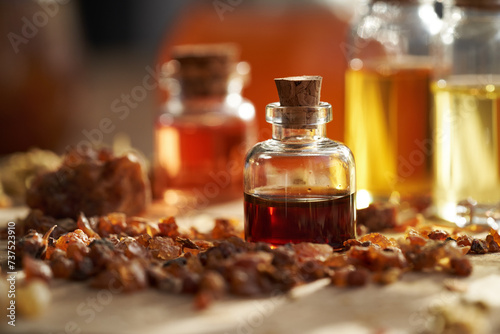 A bottle of essential oil with myrrh resin