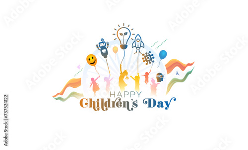 Happy childrens with science and technology learning creative. India world international celebration on 14th november kids with futuristic think thought modern innovation technology and teacher.