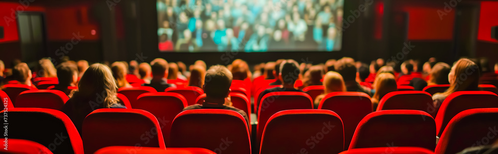 Cinema blank screen and people in red chairs in the cinema hall. Blurred People silhouettes watching movie performance. Cinema blank screen and people in red chairs in the cinema hall. Blurred People silhouettes watching movie performance.