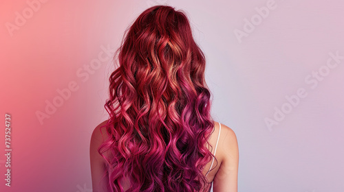 Rear view of dark hair of girl with red ombre balayage haircolor 