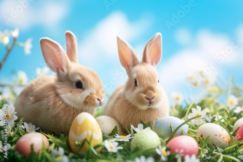 Happy Easter Eggs Basket Gathering. Bunny in flower easter Azure decoration Garden. Cute hare 3d easter drama easter rabbit spring illustration. Holy week easter pillows card wallpaper gleeful