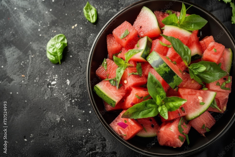 Black background with bowl of delicious watermelon salad