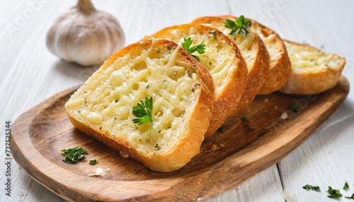 garlic and cheese bread slices on white background