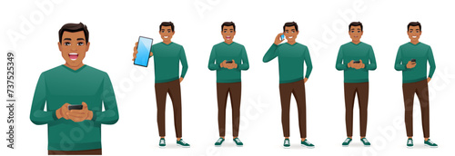 Portrait of young business man holding mobile phone, talking, texting and showing empty screen isolated set vector illustration