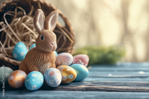 Happy Easter Eggs Basket sparkling. Bunny in flower easter sunny decoration Garden. Cute hare 3d spare room easter rabbit spring illustration. Holy week Resurrection Sunday card wallpaper mulch