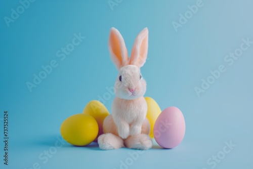 Happy Easter Eggs Basket clear zone. Bunny in flower easter Playful decoration Garden. Cute hare 3d ultramarine blue easter rabbit spring illustration. Holy week Deep blue card wallpaper pollen