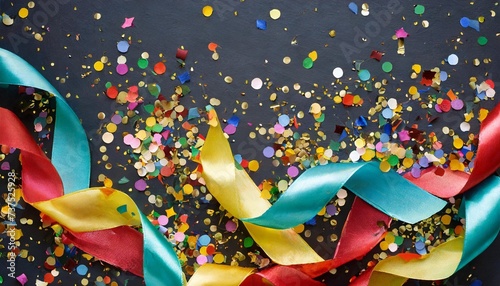 abstract background with confetti on colorful ribbons on dark background