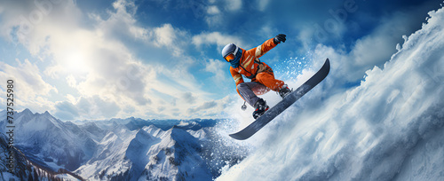 A young man on a snowboard jumps down the slope in winter.