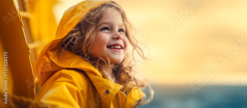 little girl sailing on a ship dressed in a yellow raincoat and looking happily at the sea