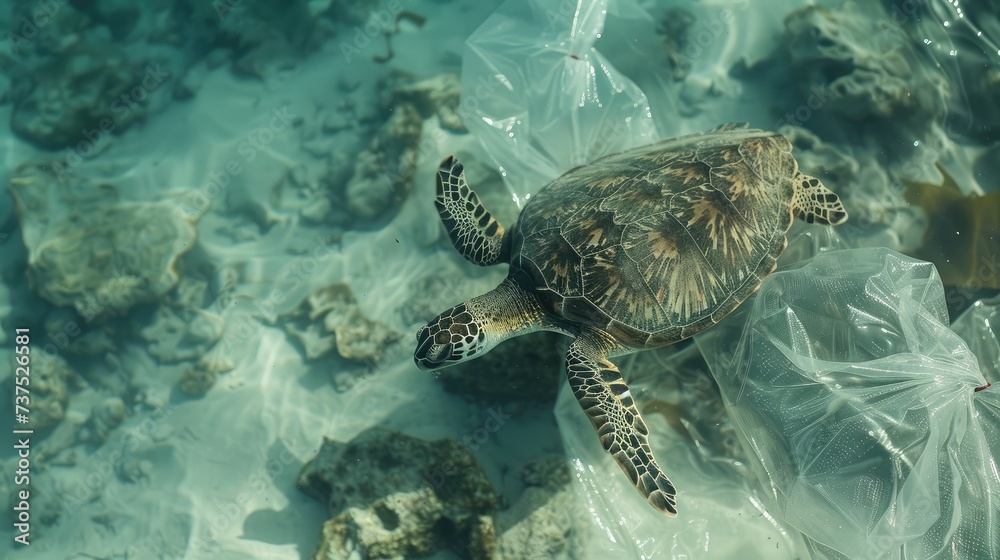 Fototapeta premium Plastic pollution in ocean environmental problem. Turtles can eat plastic bags mistaking them for jellyfish